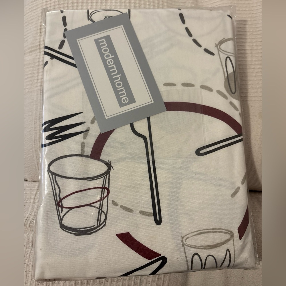 ModernHome 180cm Round Tablecloth Cotton Utensils Print White Gray Burgundy NWT